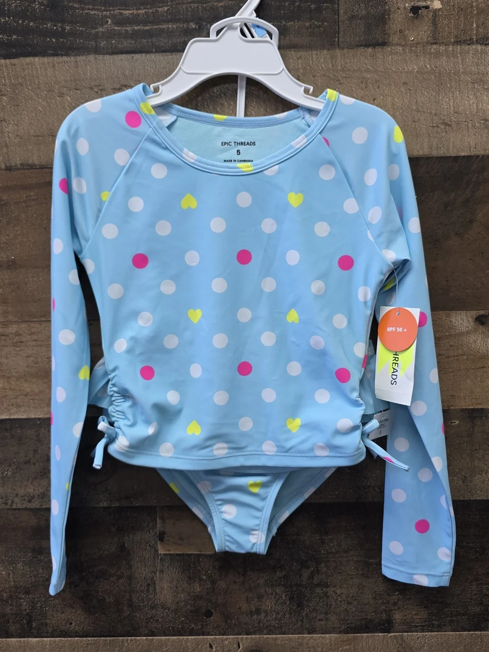 Epic Threads Girls' Blue Polka Dot Long-Sleeve Rash Guard Swim Set Size 5